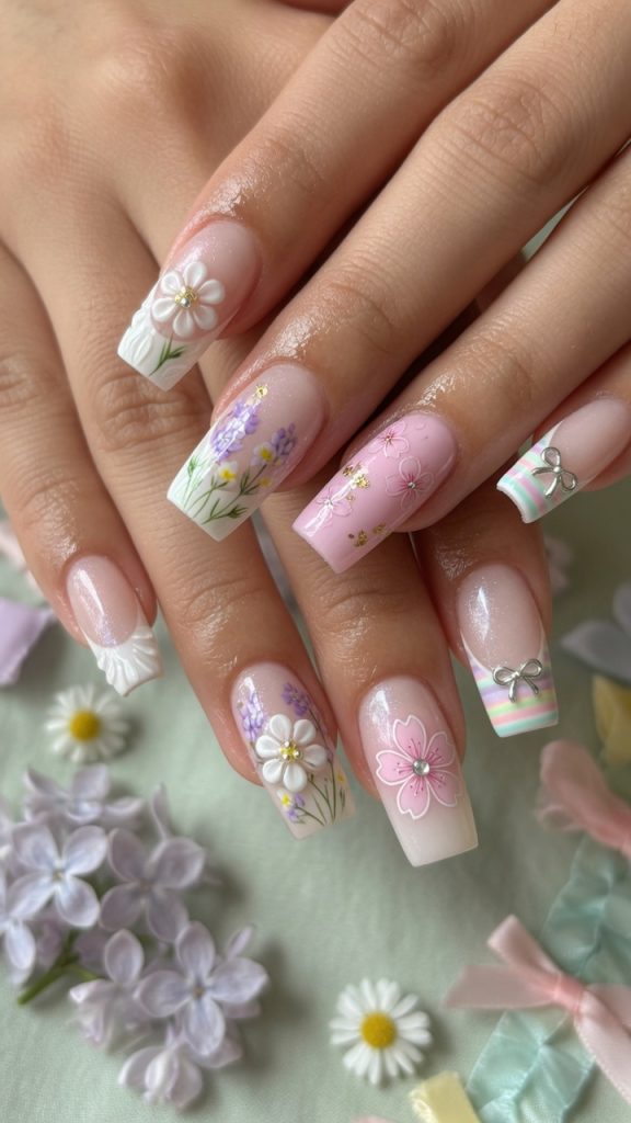 Square spring nails with pastel striped French tips and silver bows.