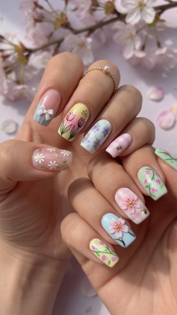Square spring nails featuring pink gingham, bees, and cherry blossoms.
