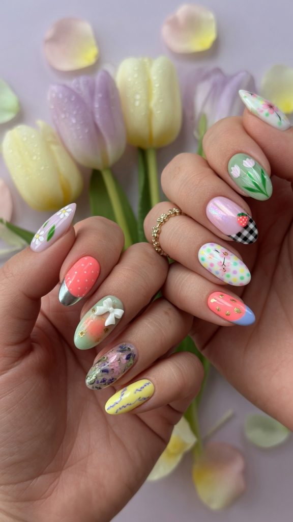 Eclectic spring nail ideas with checkerboard, strawberries, and foil.