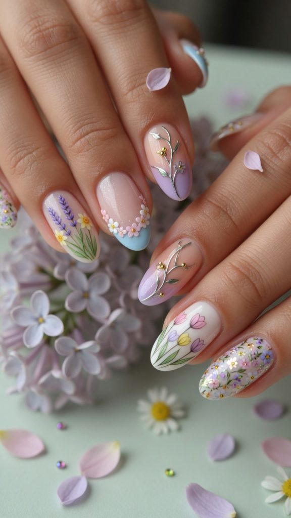 Elegant spring nails with metallic vines and floral wreaths.