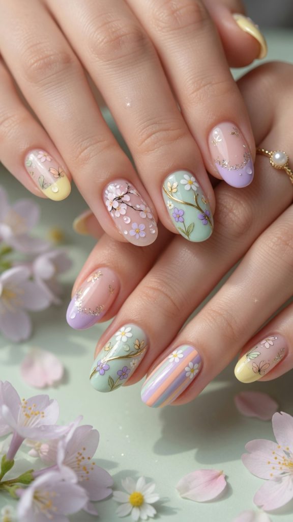 Pastel spring nails with cherry blossoms and 3D dew drops.