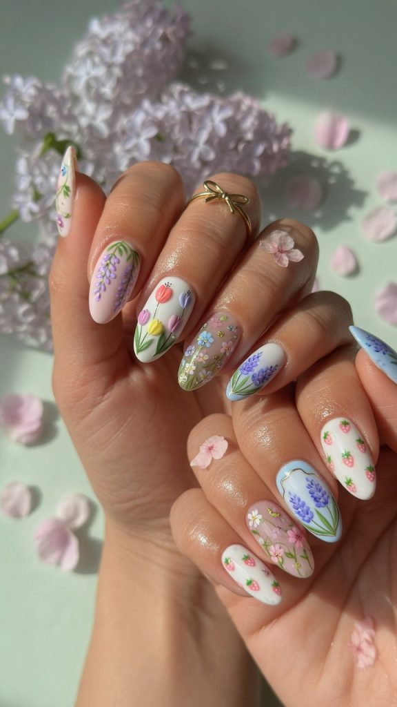 Almond shaped spring nails with 3D tulips and strawberries.