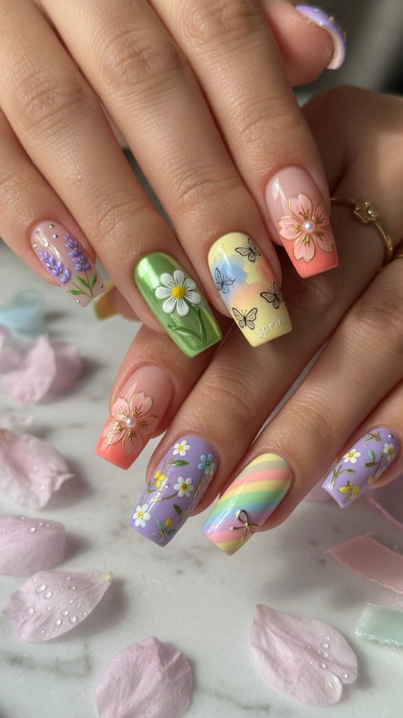 Bright spring nails with rainbow stripes, butterflies, and 3D flowers.
